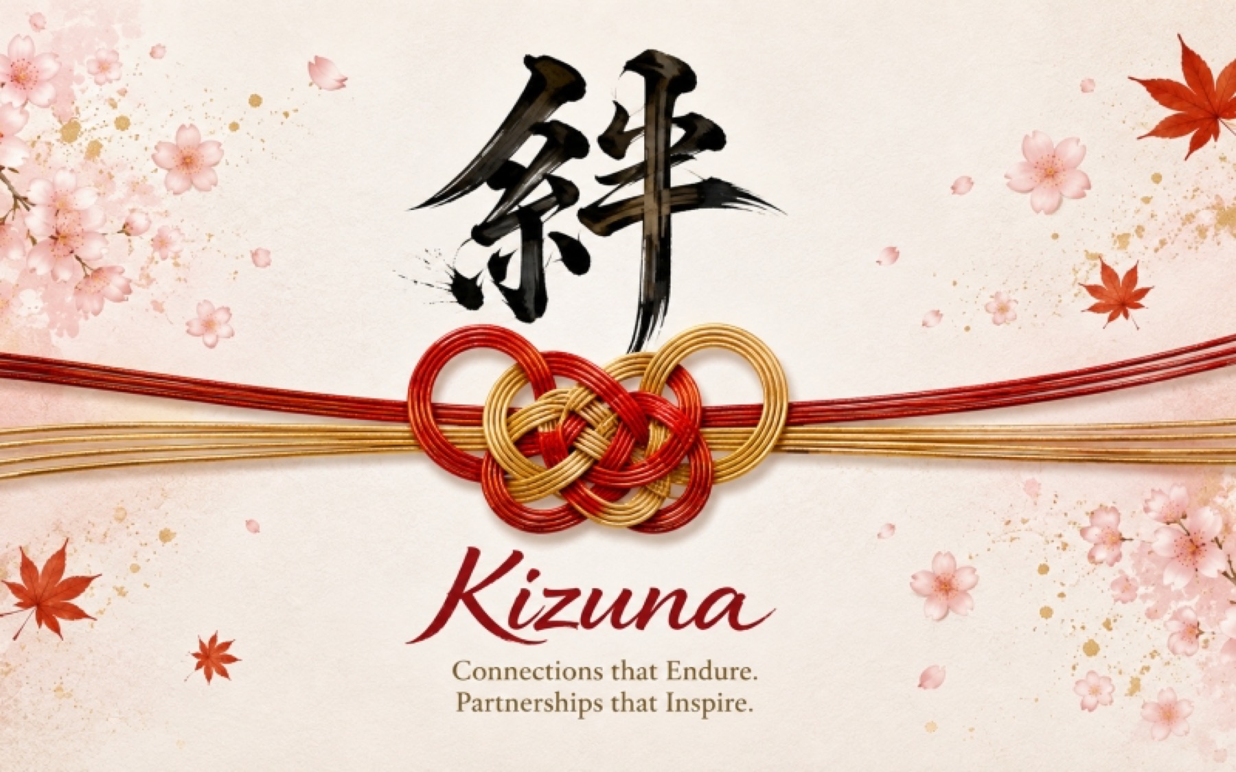 Artwork for the Maple Leaf Gala 2026 showing the character kizuna in calligraphy over a gold knot, maple leaves and cherry blossom